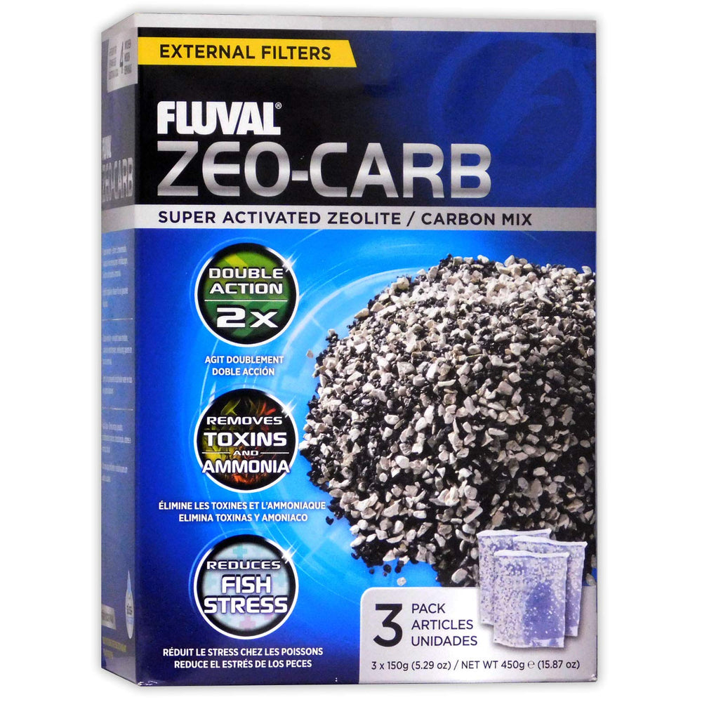 Fluval Zeo-Carb frontal del paquete mostrando bolsas de 150 g y limpieza rápida