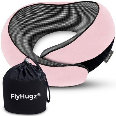 FlyHugz front view pink pillow showing ergonomic shape and travel comfort