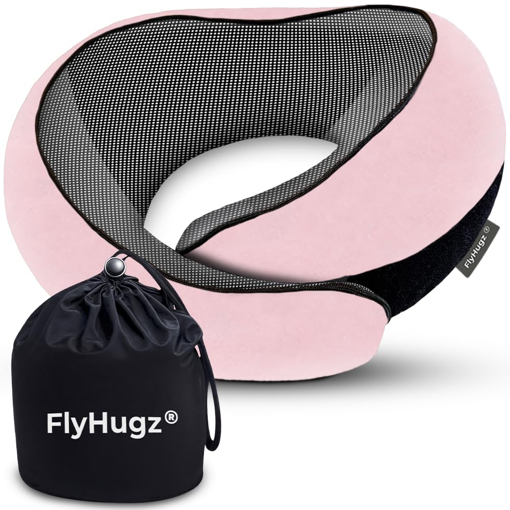 FlyHugz front view pink pillow showing ergonomic shape and travel comfort