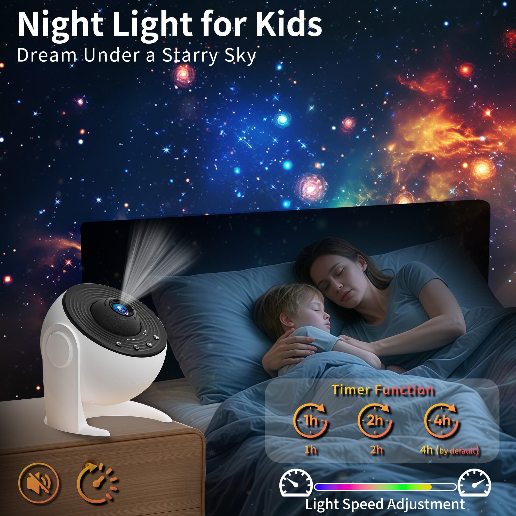 FlyLily en uso en dormitorio infantil, proyecta constelaciones calmantes para dormir