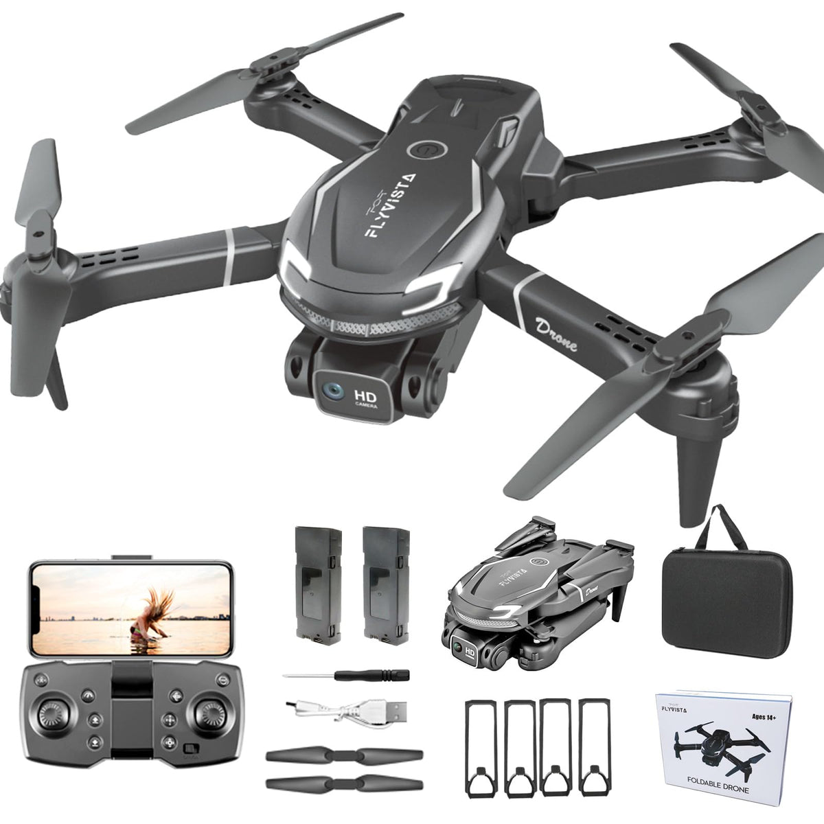 FLYVISTA vista frontal del dron mostrando diseño tiburón y atractivo para regalo