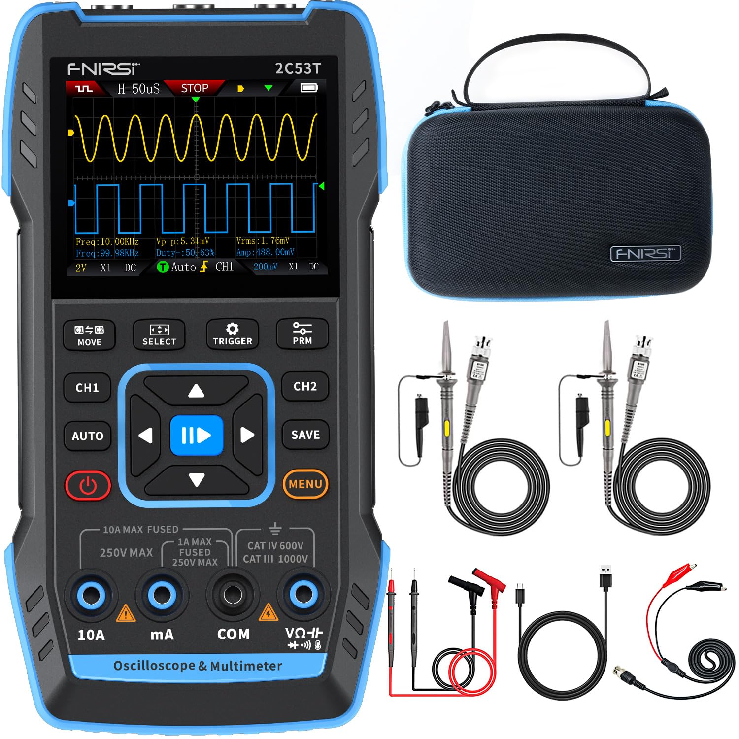 FNIRSI 2C53T frontal mostrando pantalla clara y uso portátil