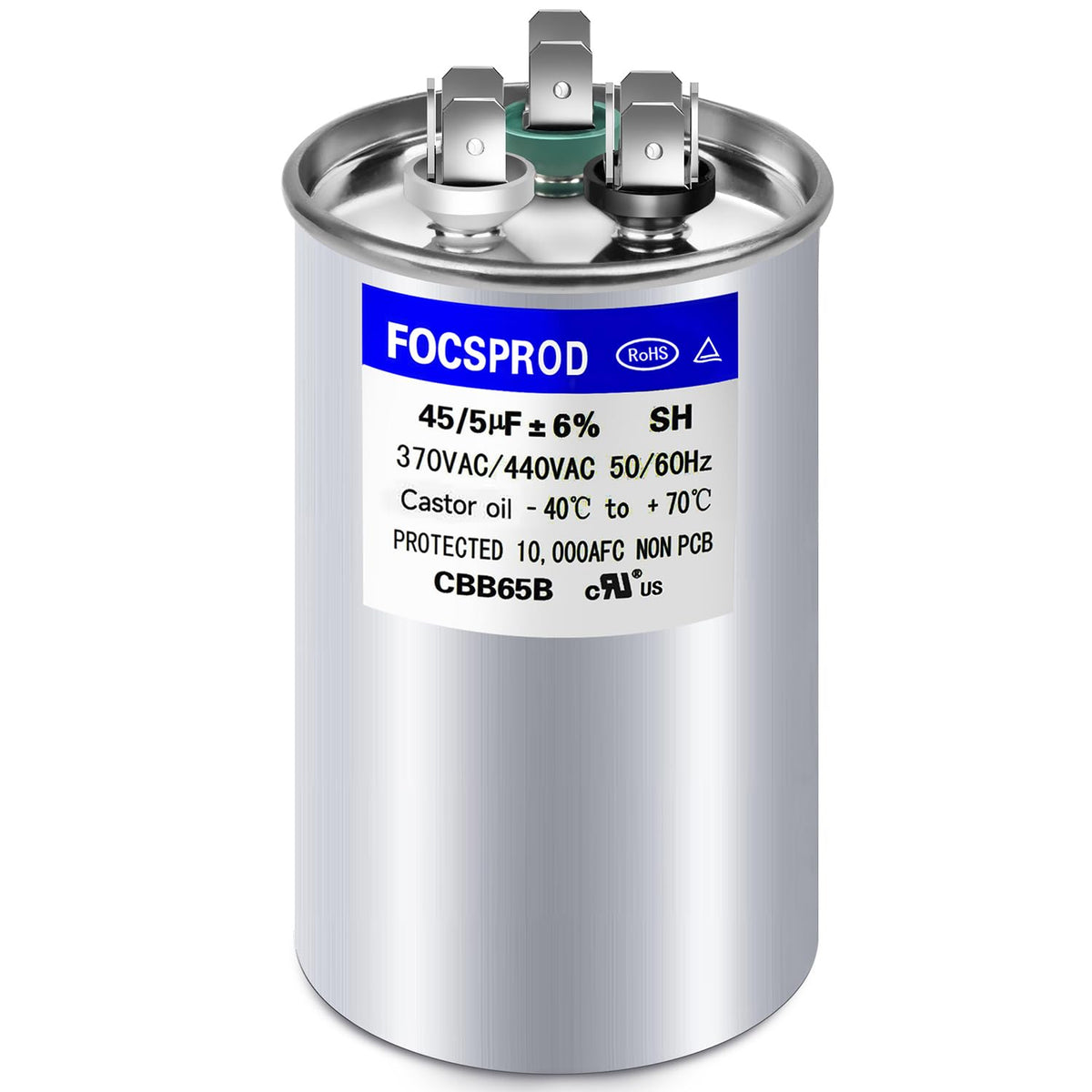 FOCSPROD capacitor frente mostrando carcasa y dimensiones para compatibilidad