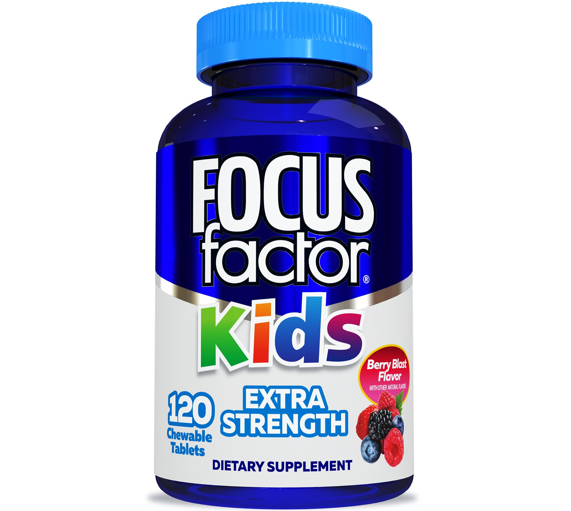 Focus Factor pakken frontal mostrando el envase y beneficios para cerebros infantiles