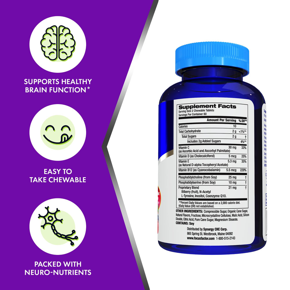 Focus Factor comprimido masticable en mano mostrando tamaño y facilidad de uso