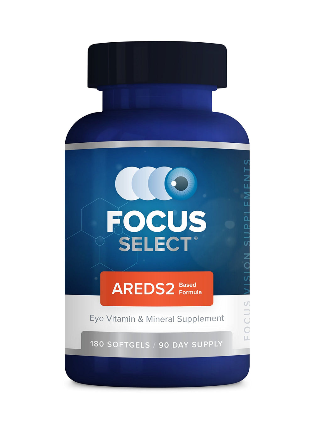 Focus Vision Supplements frente del envase mostrando 180 cápsulas y claridad