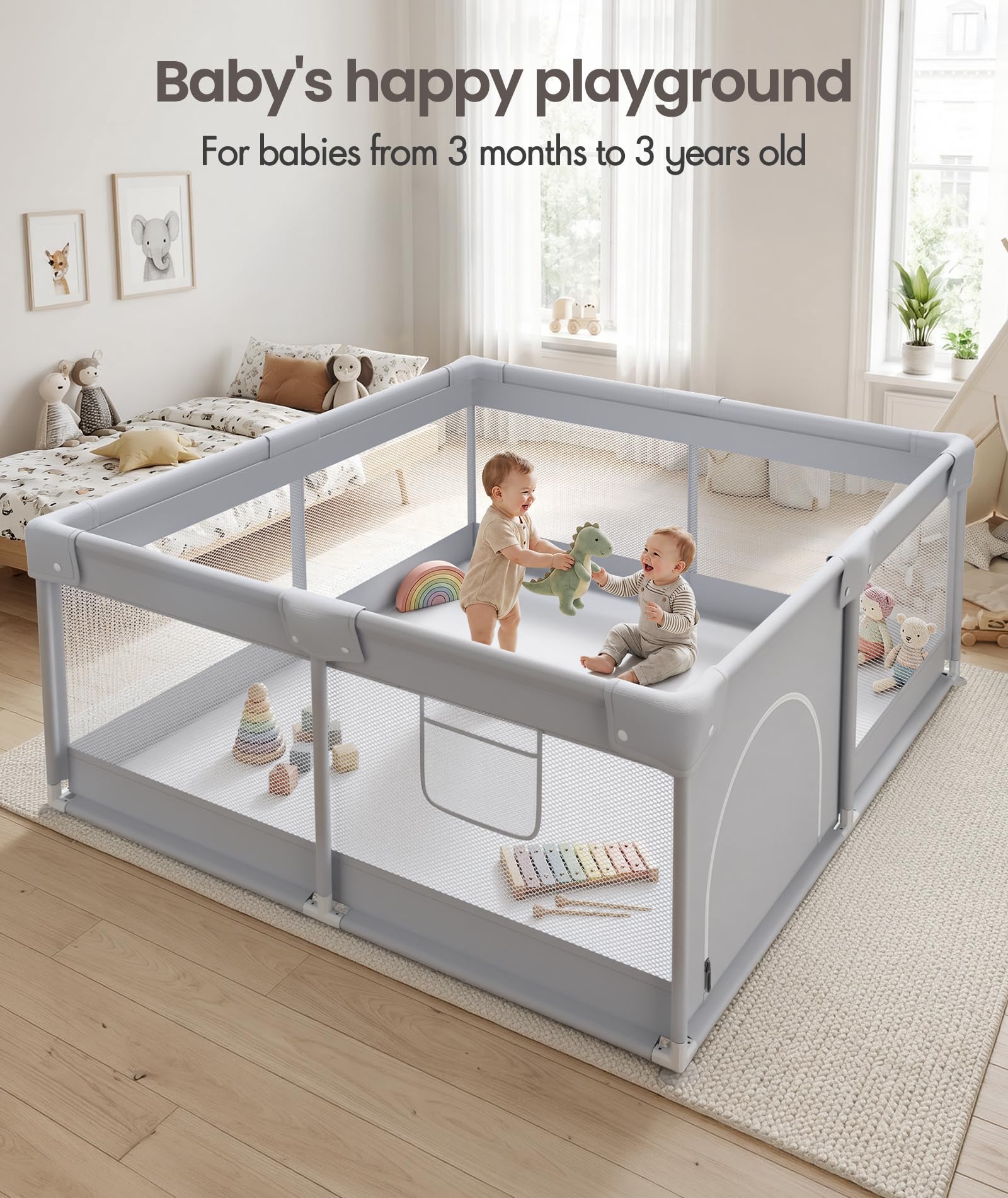 Fodoss playpen placed in living room showing portable use and convenience