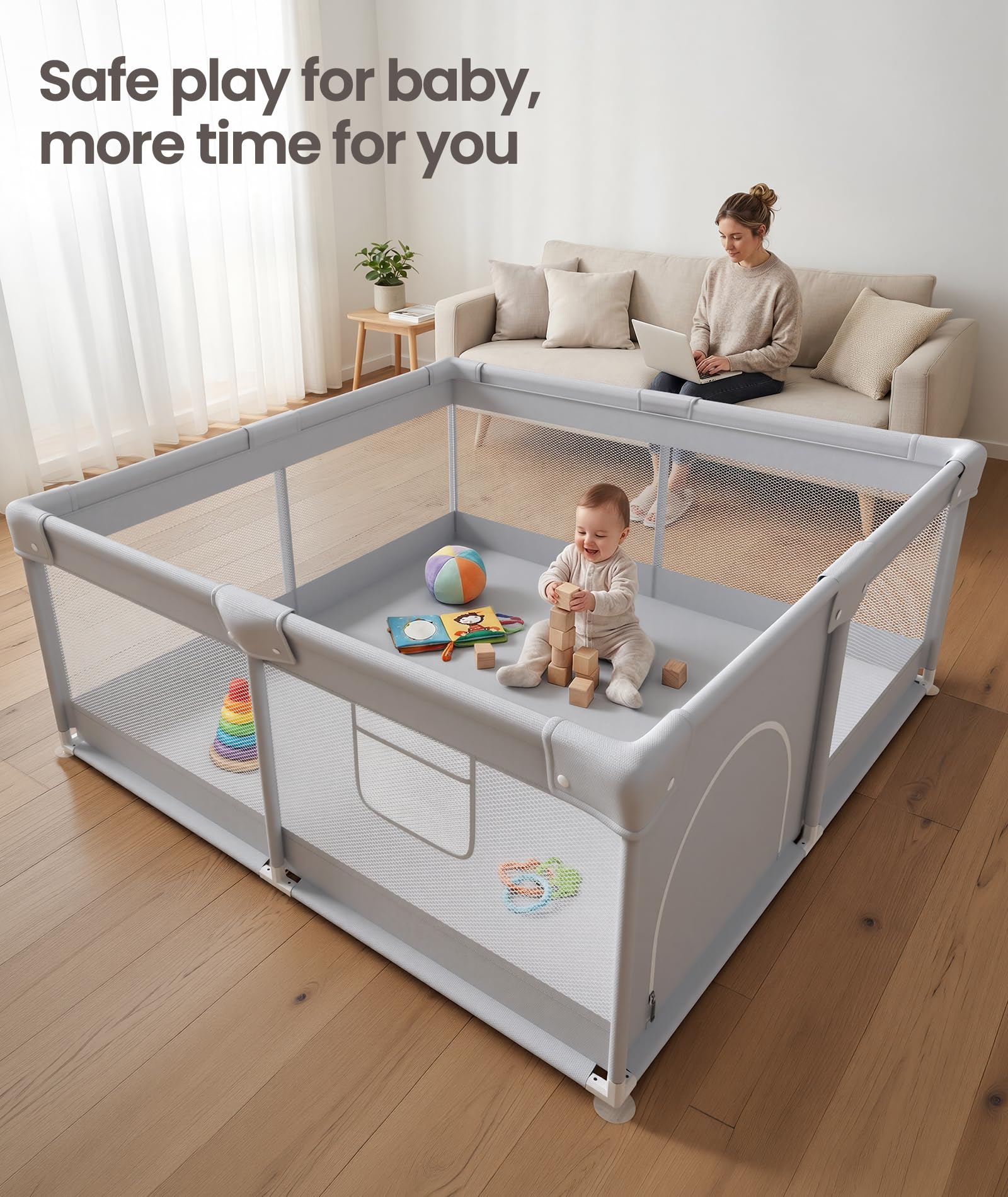 Fodoss playpen next to small chair for scale showing footprint and space