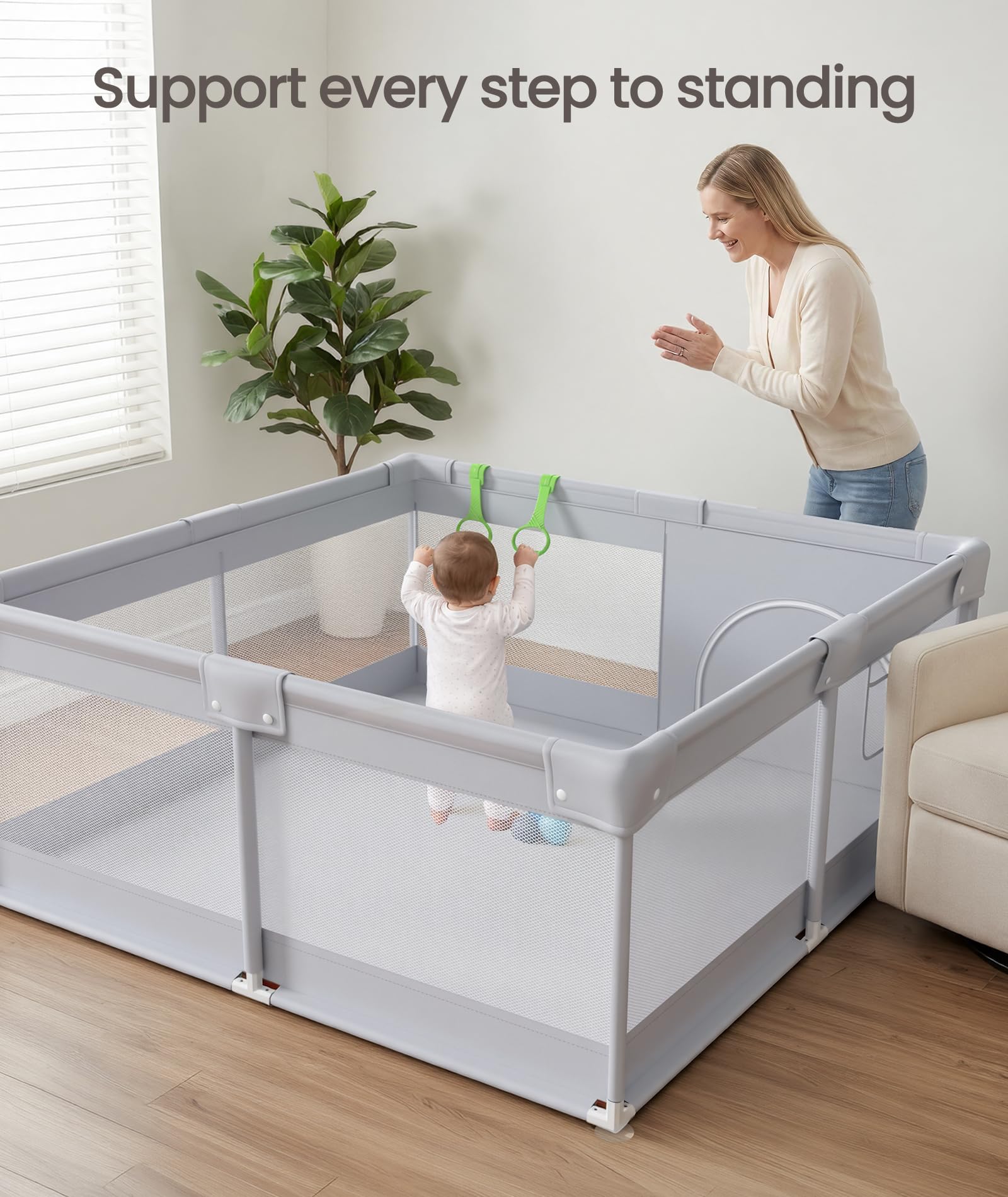 Fodoss playpen exterior storage pocket holding wipes and diapers for access