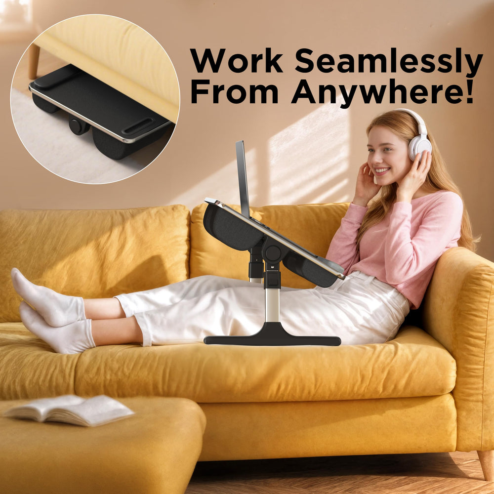 FoldWise on couch with tablet and coffee, enabling multitasking and relaxed posture