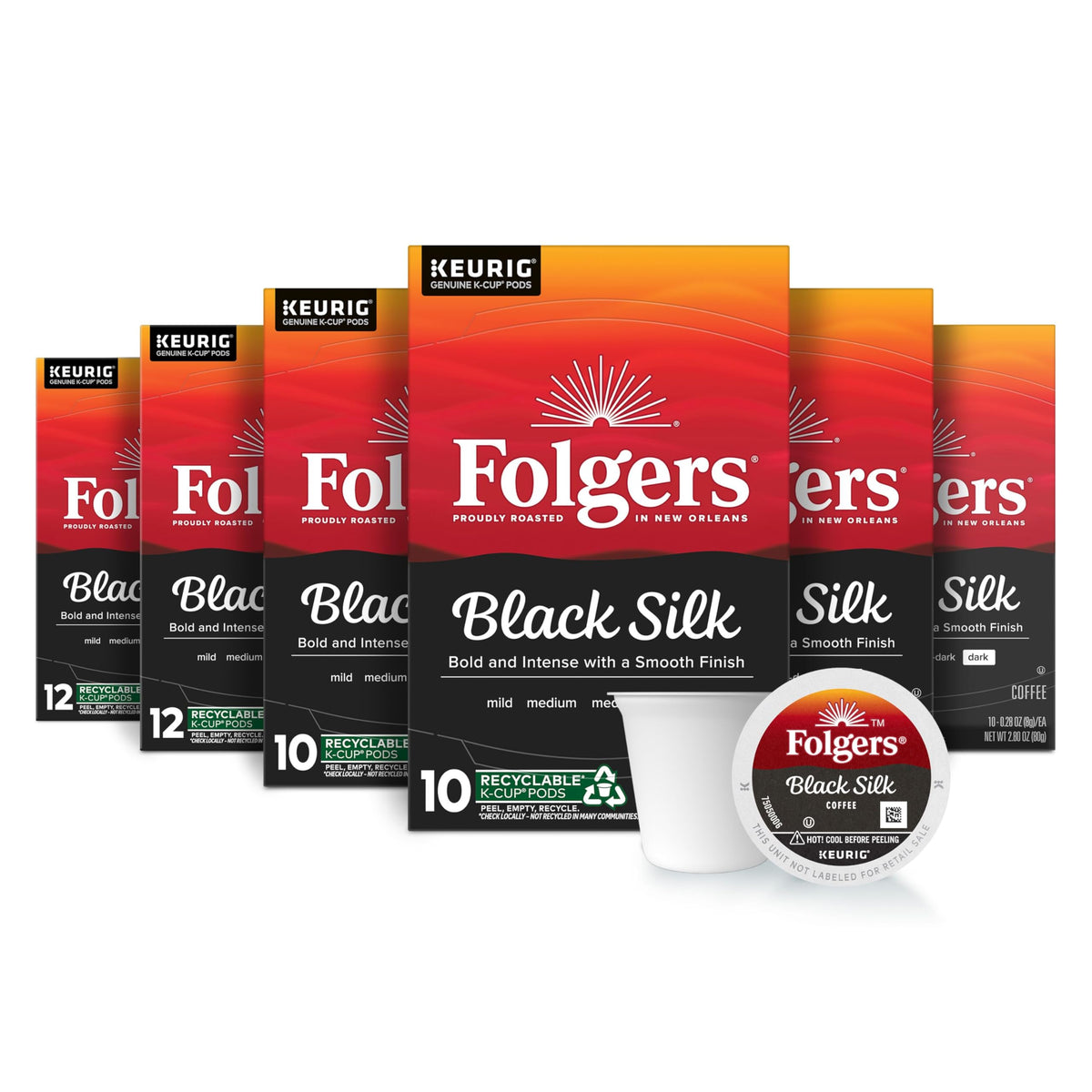 Folgers Black Silk frente del empaque mostrando 60 cápsulas y conveniencia