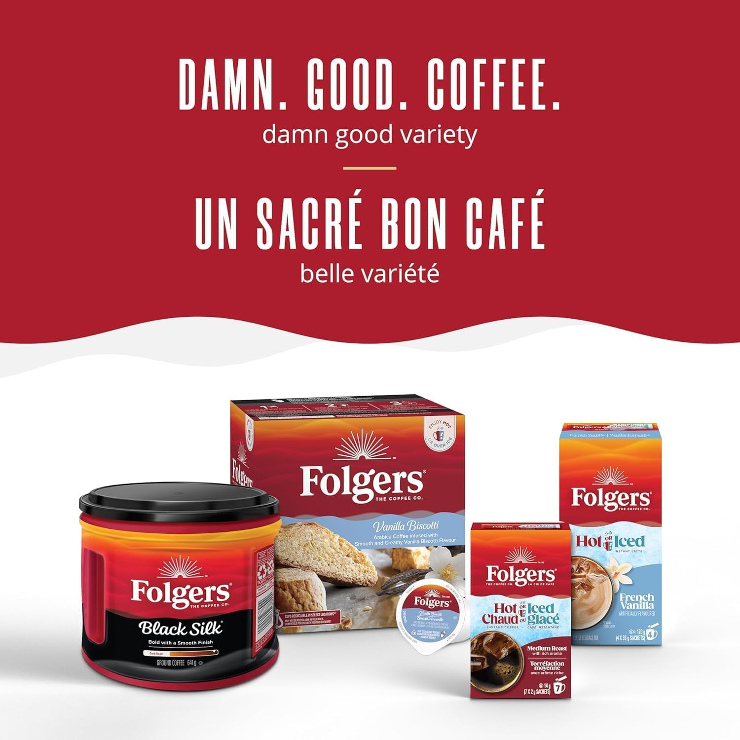 Folgers etiqueta con detalles de origen de montaña y desarrollo de sabor