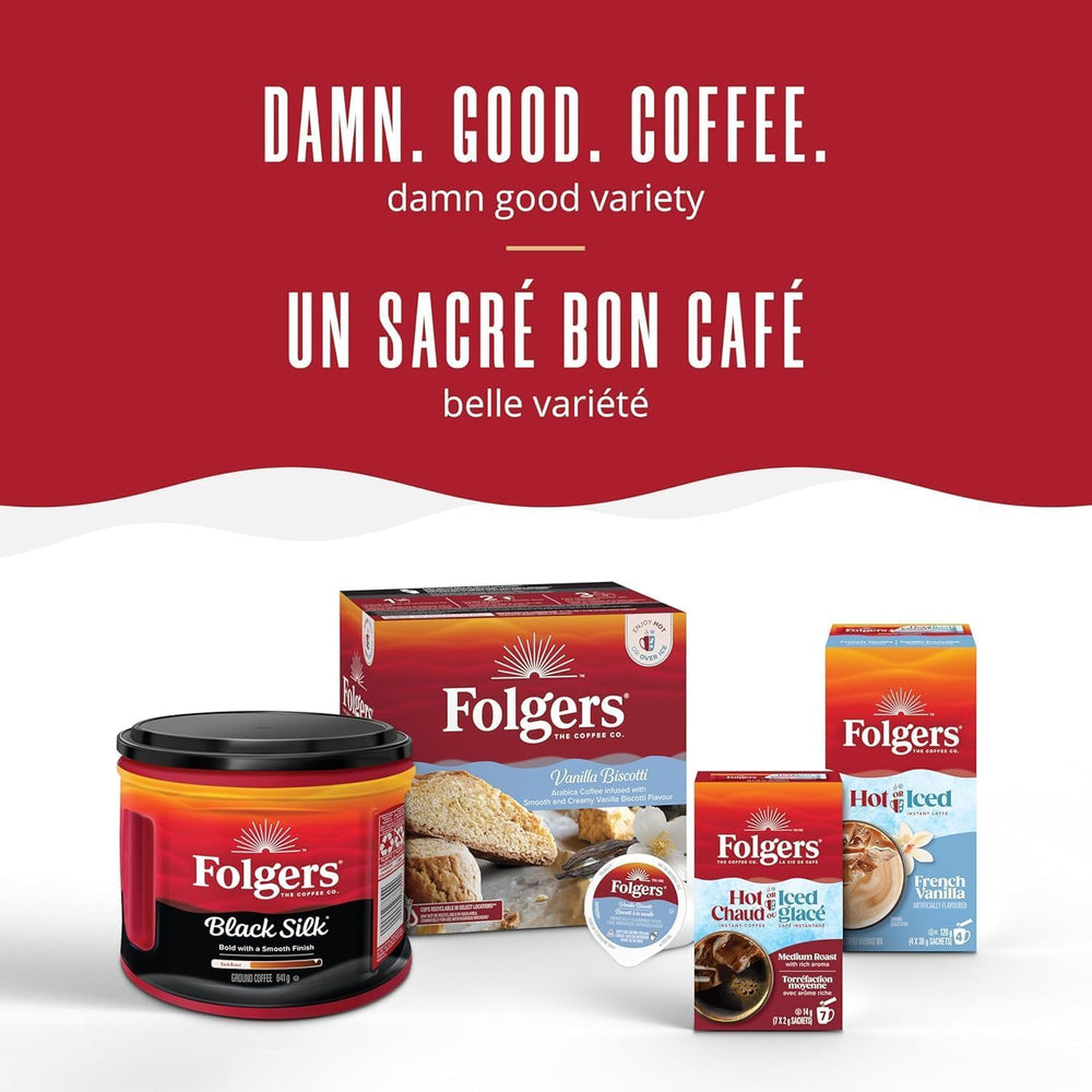 Folgers etiqueta con detalles de origen de montaña y desarrollo de sabor