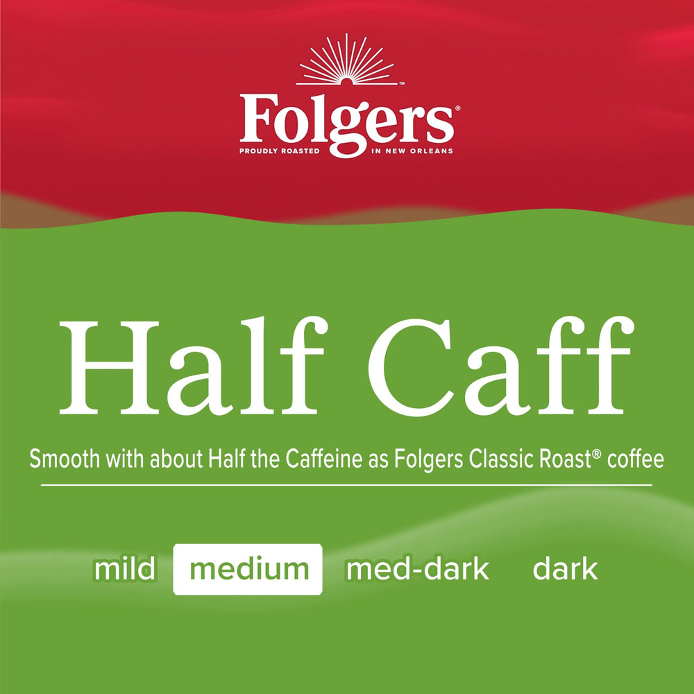 Folgers Half Caff en mesa de desayuno, conveniencia diaria