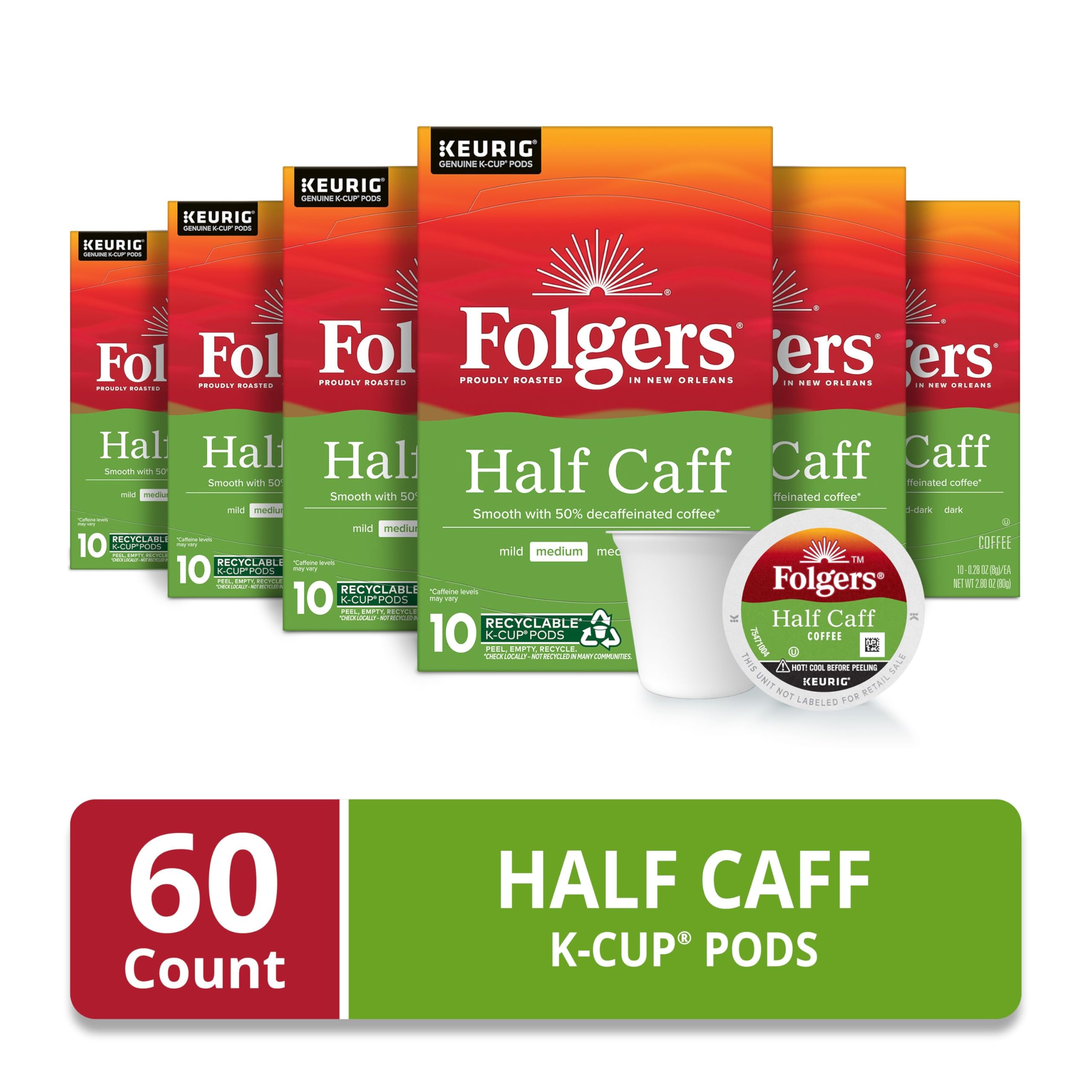 Folgers Half Caff primer plano de cápsula K-Cup, detalle de calidad