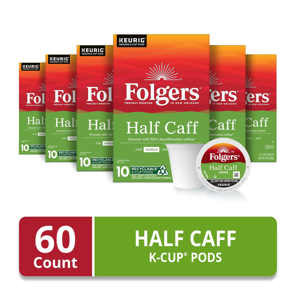 Folgers Half Caff primer plano de cápsula K-Cup, detalle de calidad