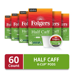 Folgers Half Caff primer plano de cápsula K-Cup, detalle de calidad