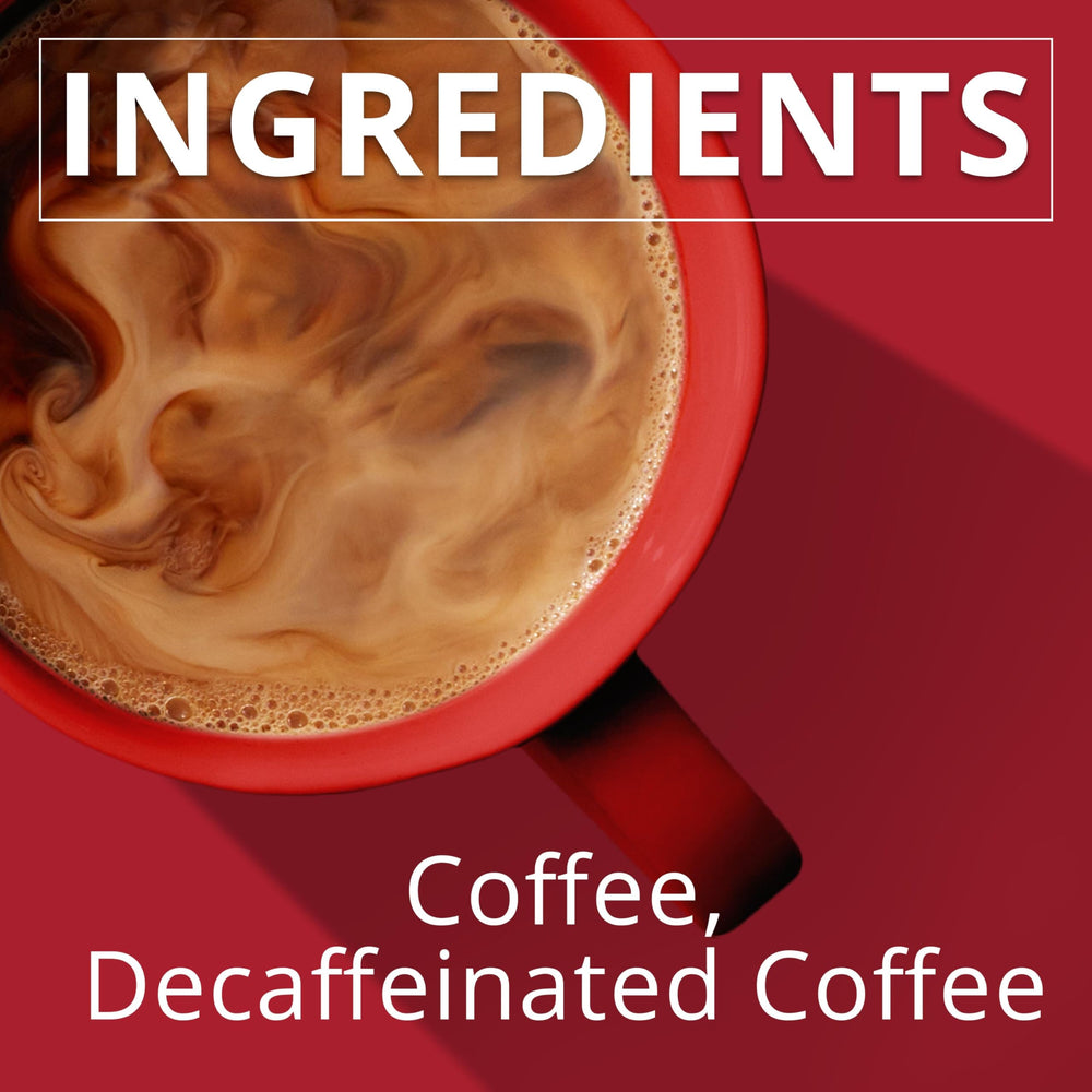 Folgers Half Caff etiqueta 'Roasted in New Orleans', origen visible