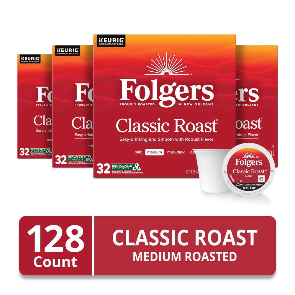 Folgers close-up of K-Cup pod top, clear seal for freshness and easy use