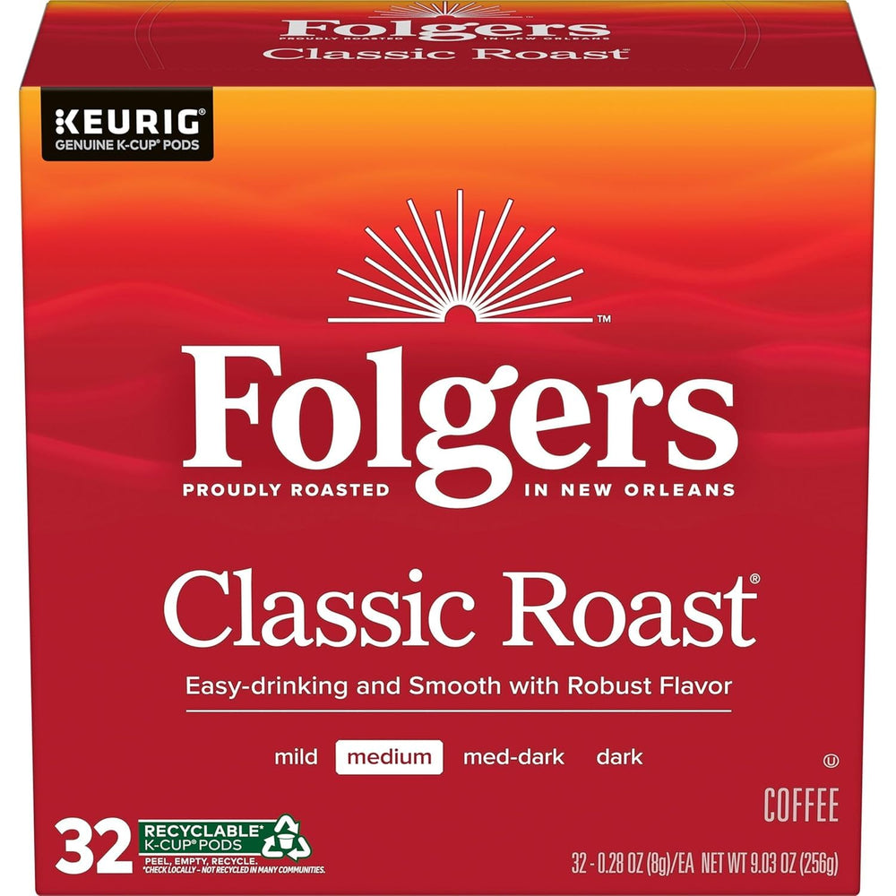 Folgers K-Cup pack on kitchen counter, ready-to-brew convenience for mornings
