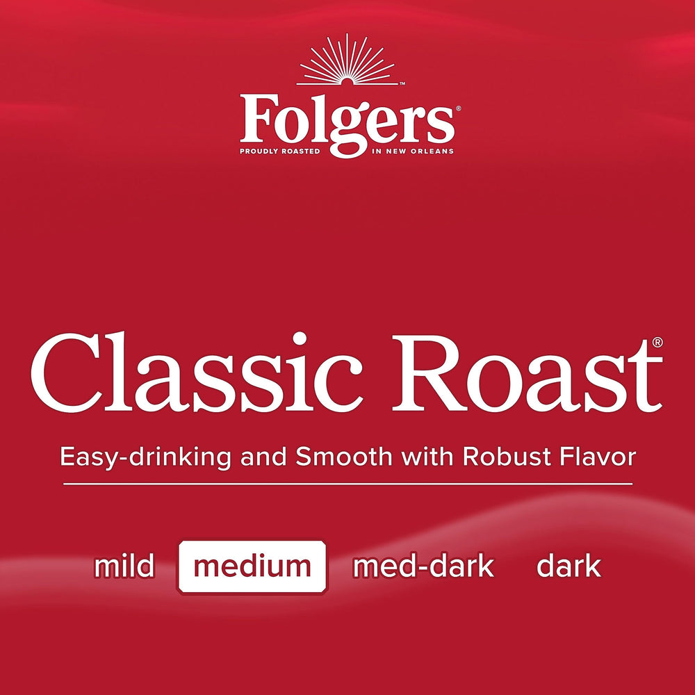 Stacked Folgers storage boxes, organized bulk supply for fewer restocks