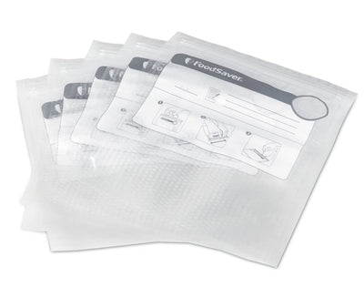 FoodSaver fondo con fuelle desplegado en encimera para fácil llenado y estabilidad