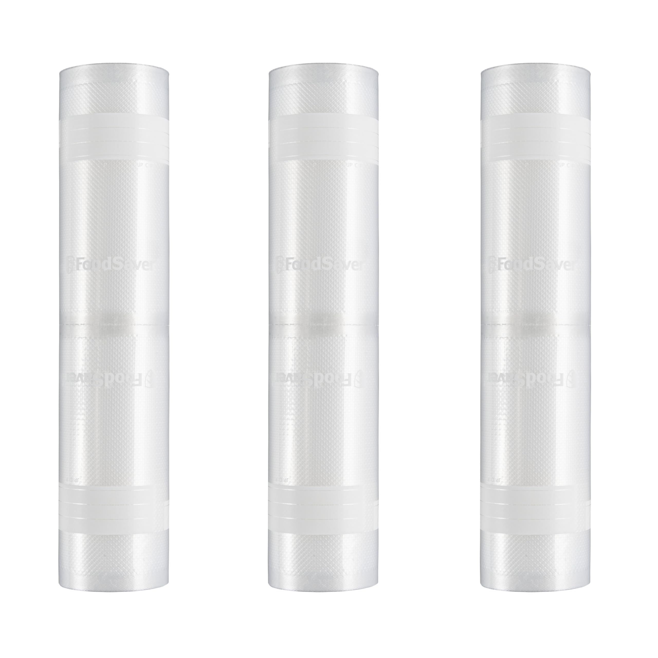 FoodSaver empaque frontal que muestra rollo y pack de 3 para almacenaje prolongado