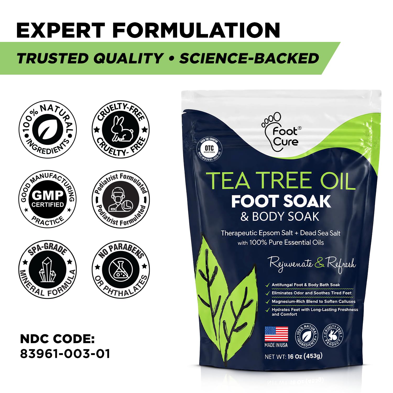 FOOT CURE hoja de árbol de té destacando ingrediente refrescante
