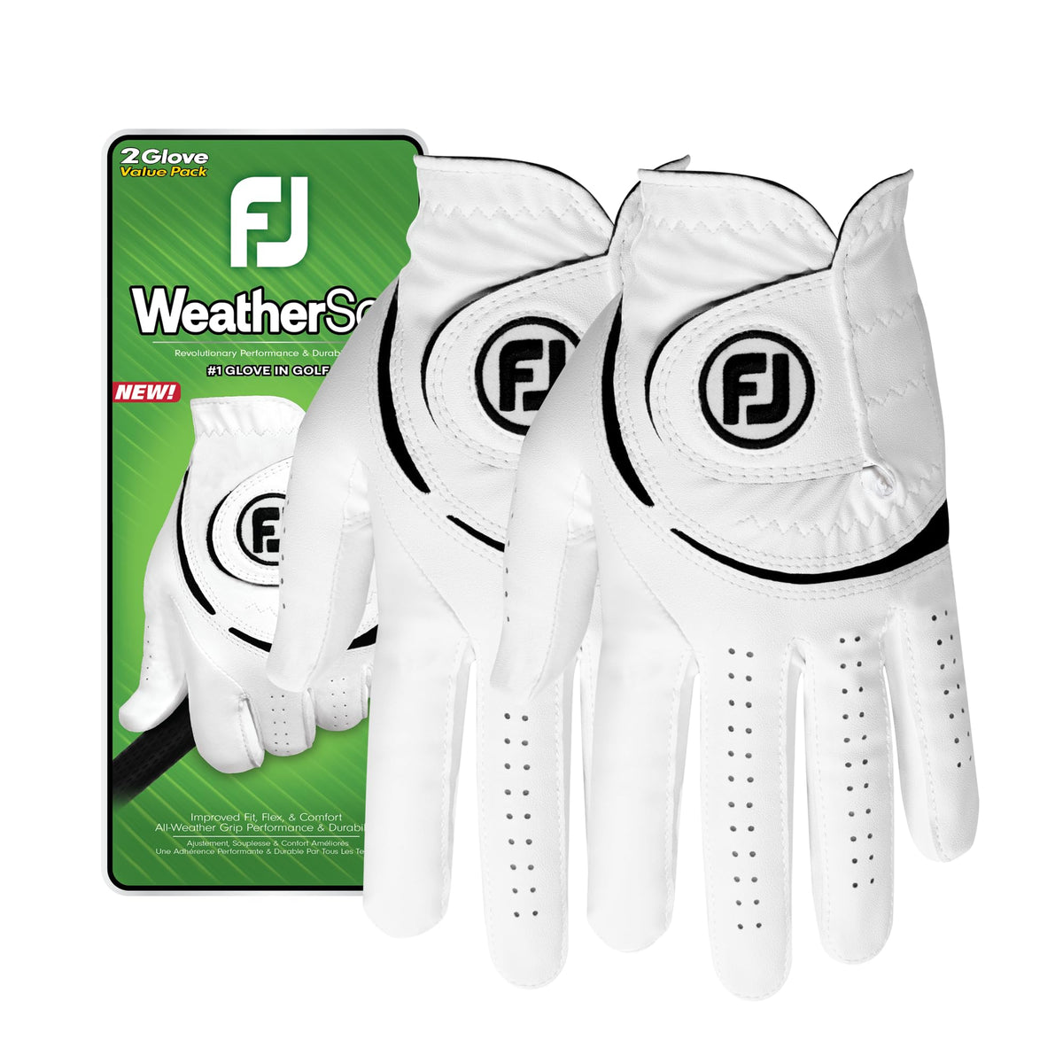 FootJoy WeatherSof vista frontal del guante blanco en empaque, mostrando talla cadet large y beneficio de repuesto