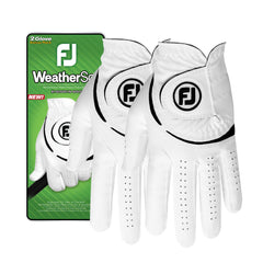 FootJoy WeatherSof vista frontal del guante blanco en empaque, mostrando talla cadet large y beneficio de repuesto