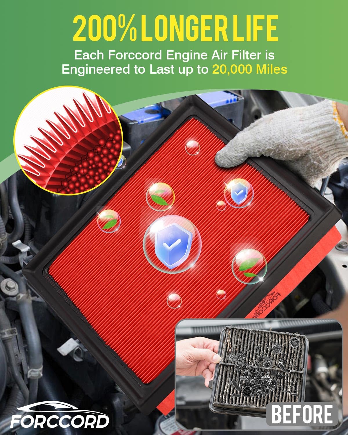 Forccord filtro de motor junto a regla para comparar tamaño y duración prolongada