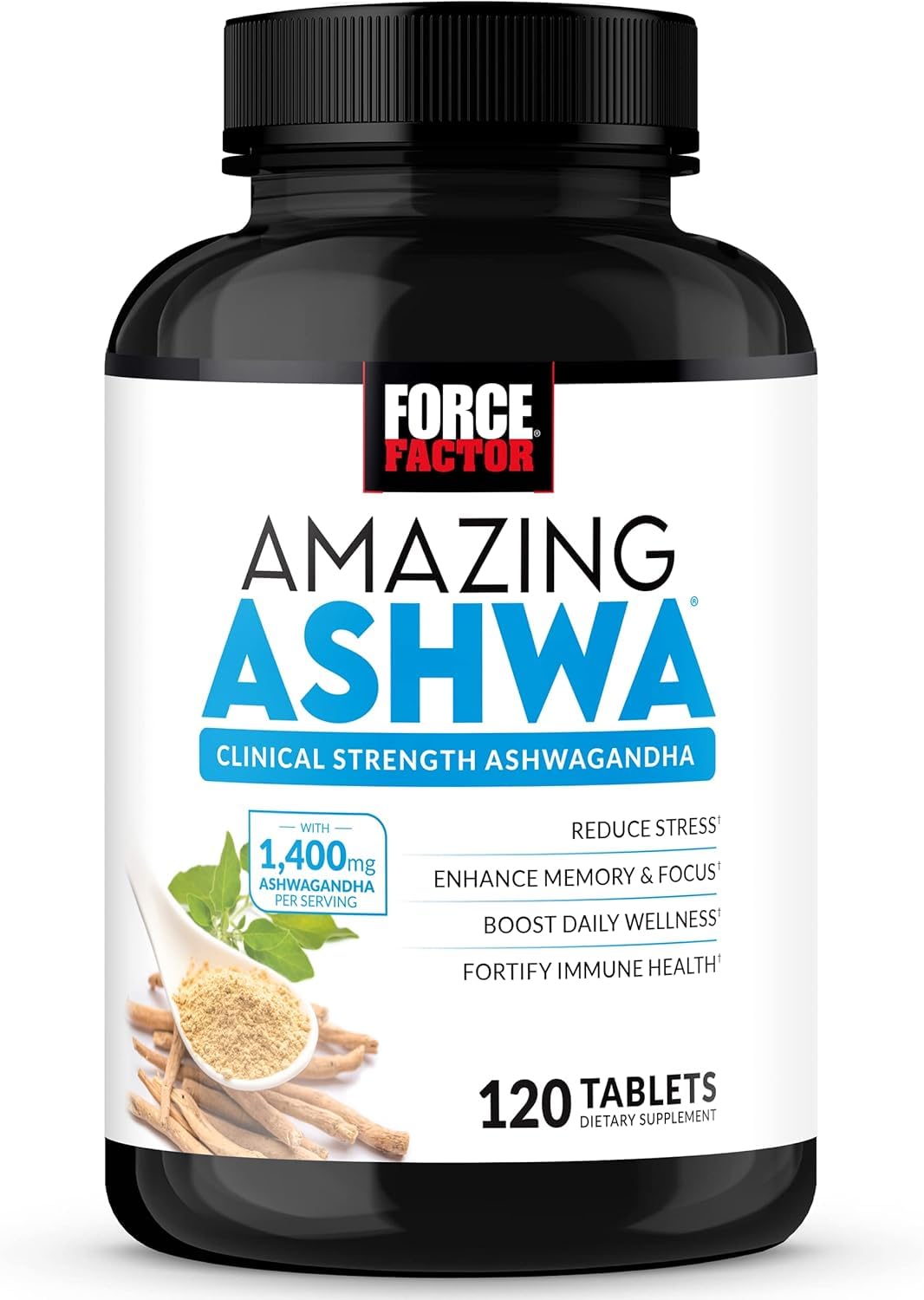 Force Factor ingredientes sobre la mesa mostrando ashwagandha y adaptógenos naturales