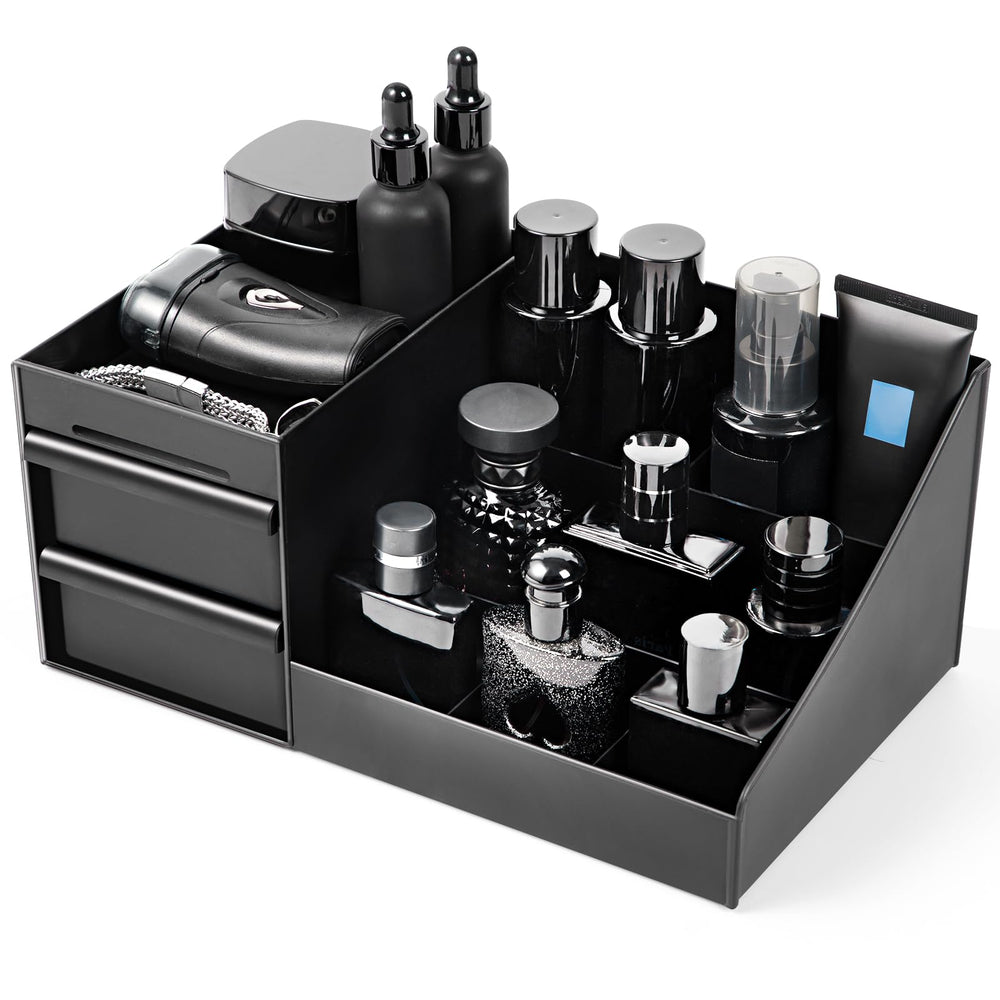 Forest Angle vista frontal del organizador mostrando compartimentos y frascos, fácil acceso
