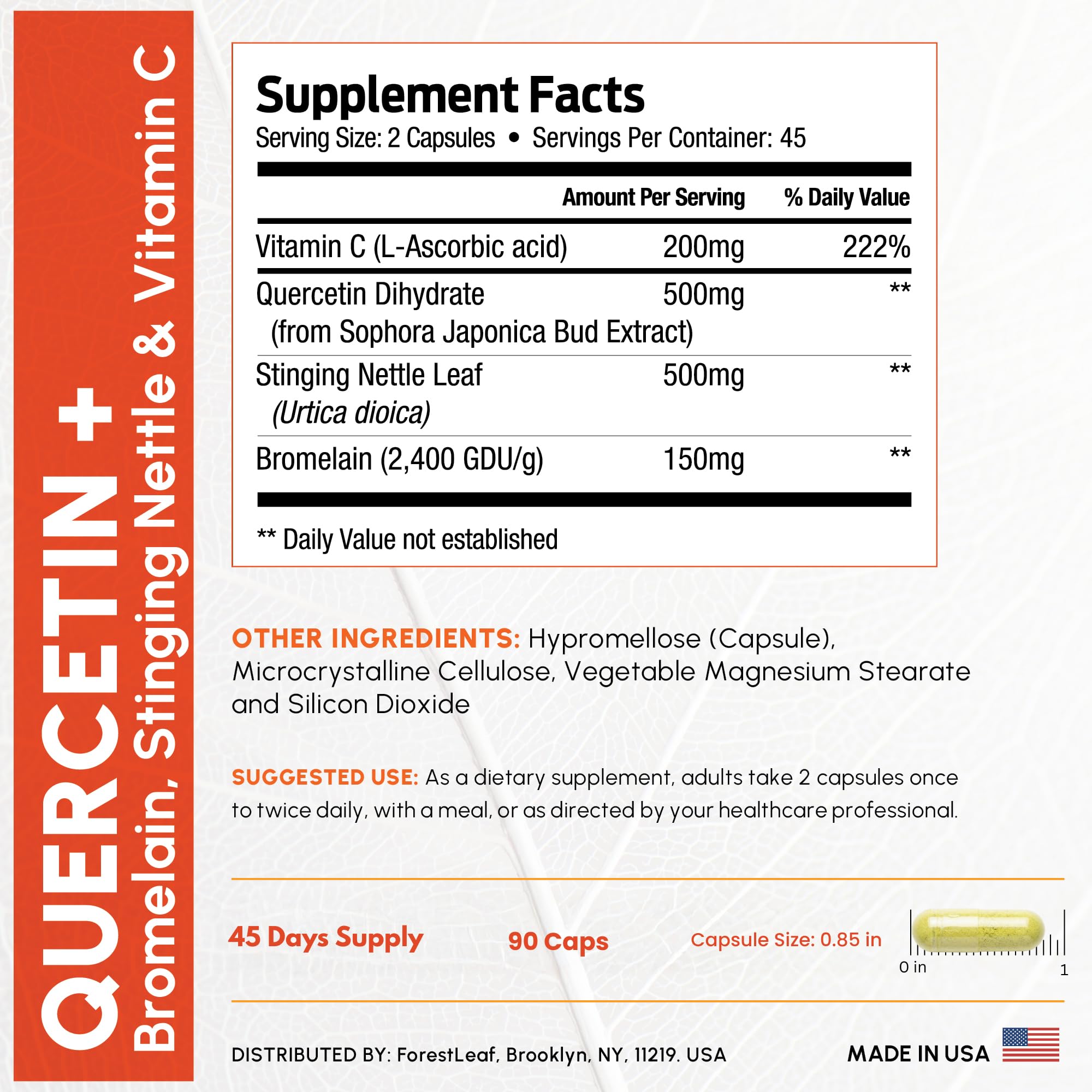 ForestLeaf capsules in hand showing size and 90 count supply benefit
