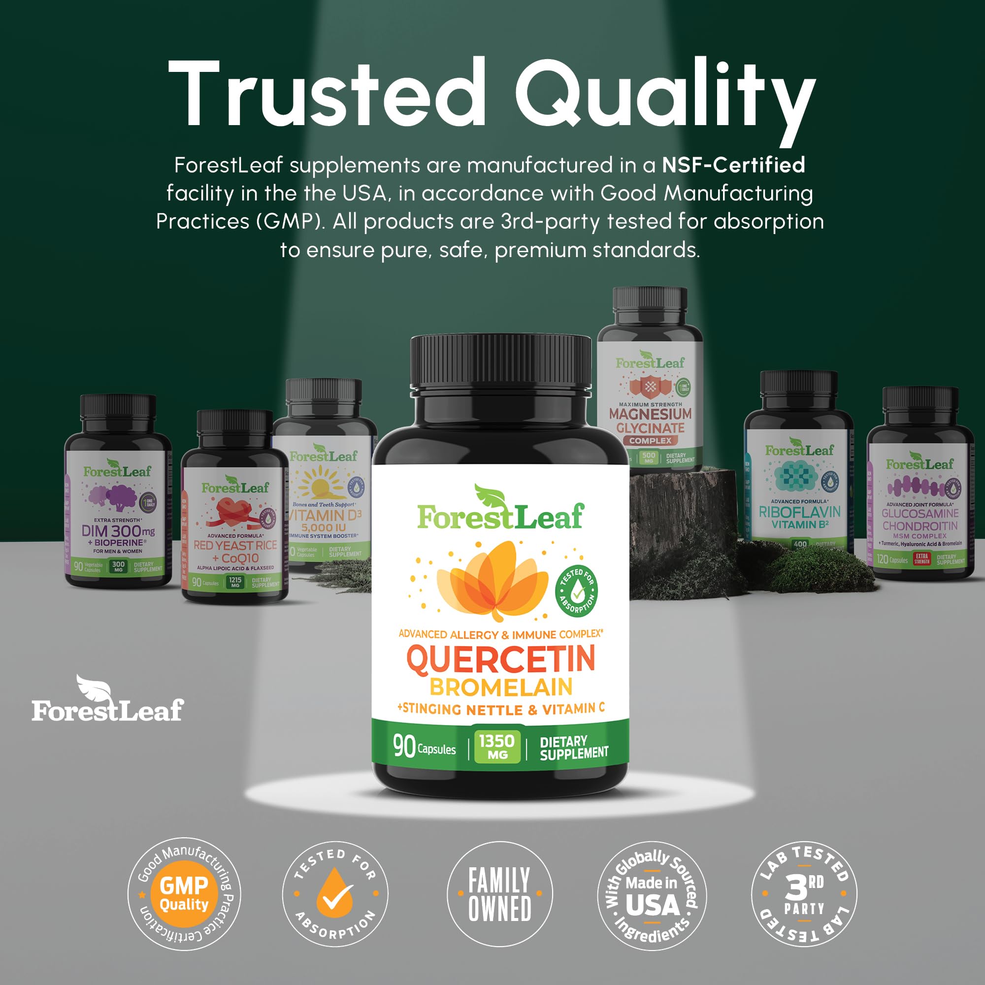 ForestLeaf bottle beside capsules showing 90 count and serving details