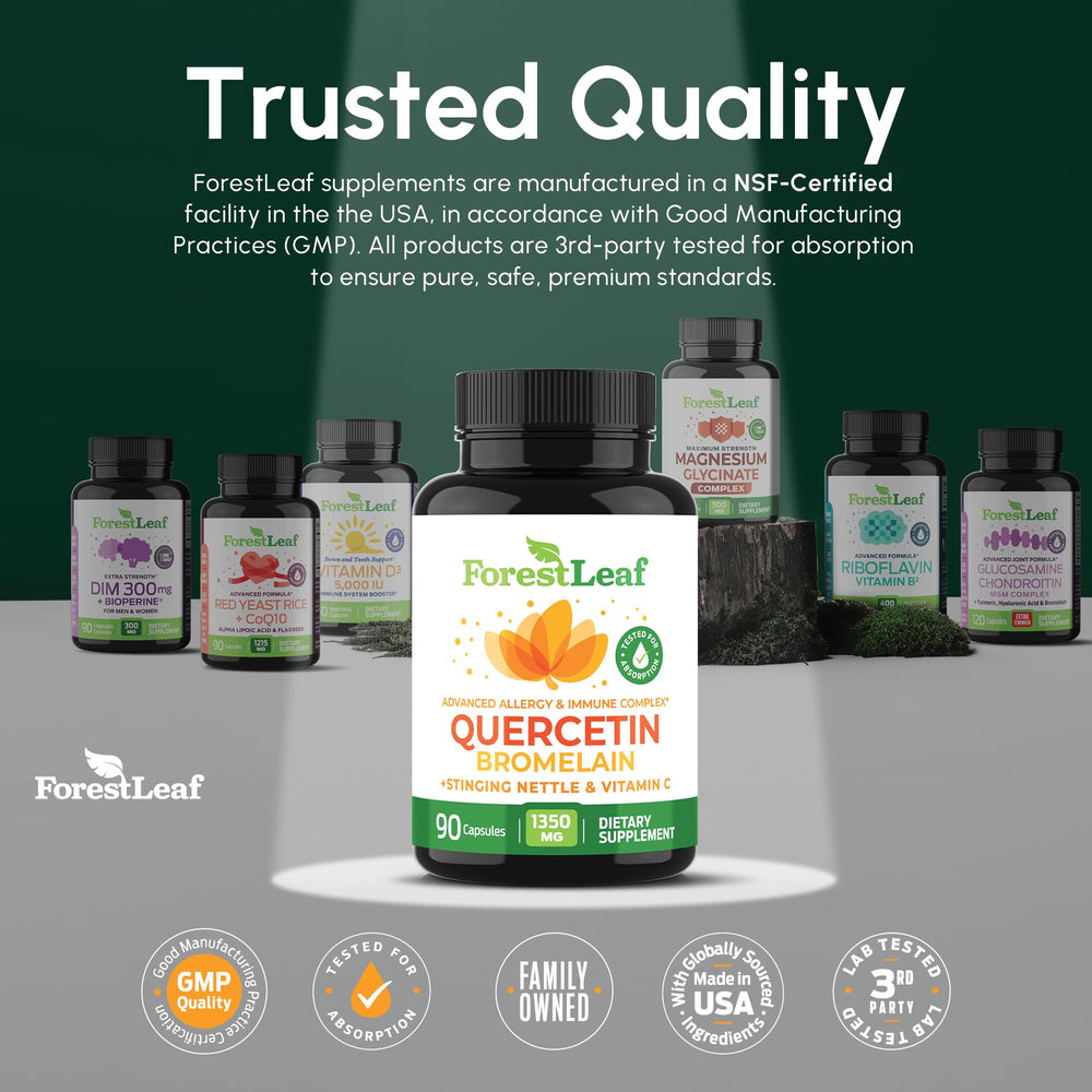 ForestLeaf bottle beside capsules showing 90 count and serving details