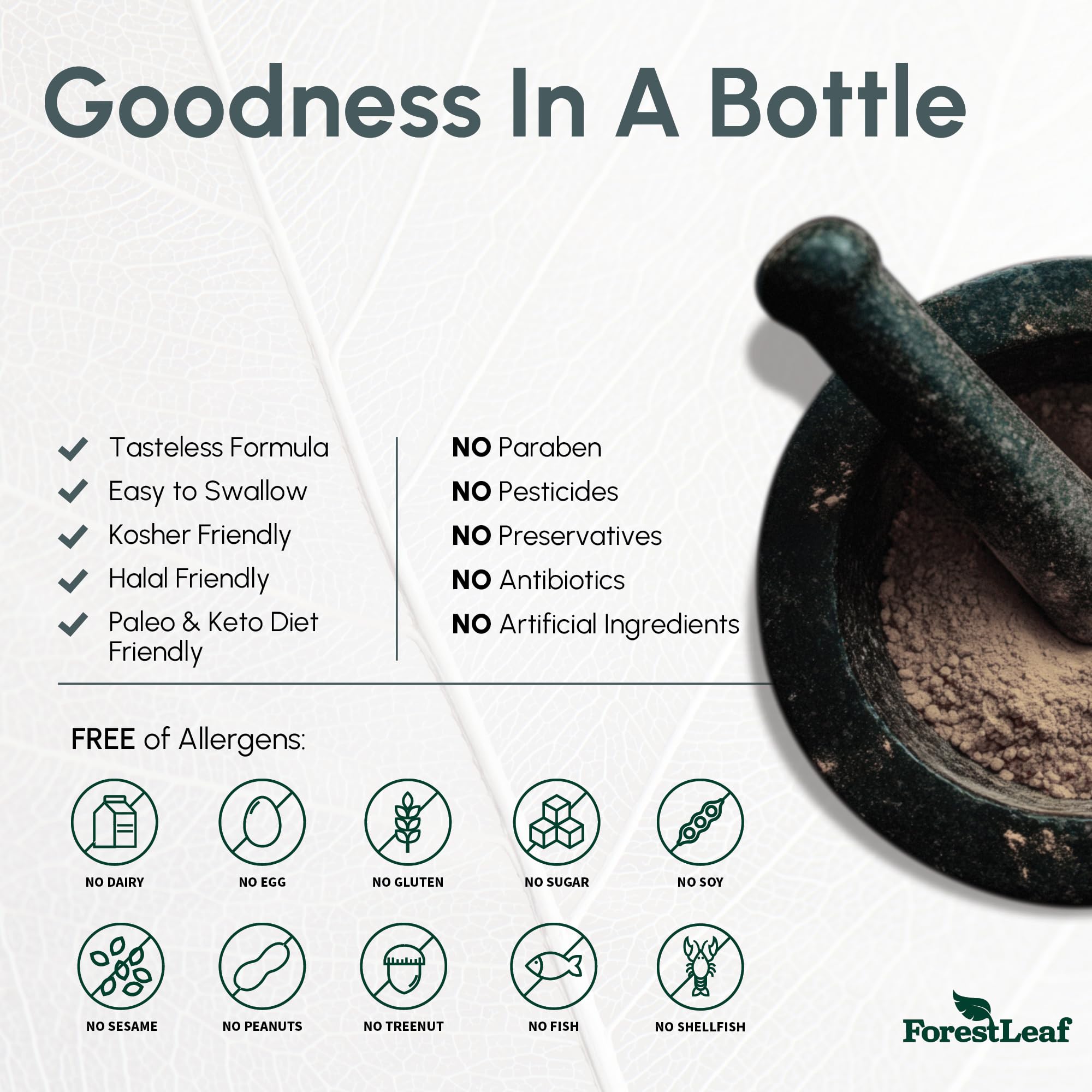 ForestLeaf etiqueta de producto con certificaciones GMP y libre de gluten para mayor confianza