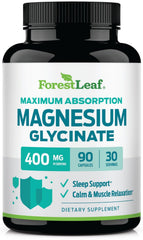 ForestLeaf envase frontal de Magnesium Glycinate mostrando 90 cápsulas y beneficio de absorción
