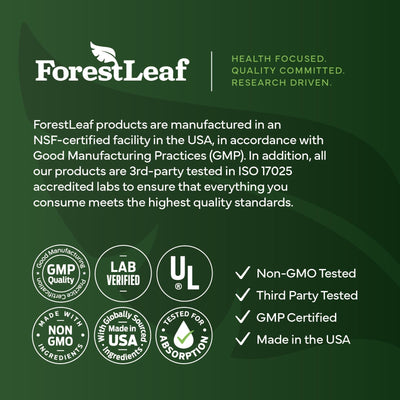 ForestLeaf bottle next to a scale showing capsule count and size