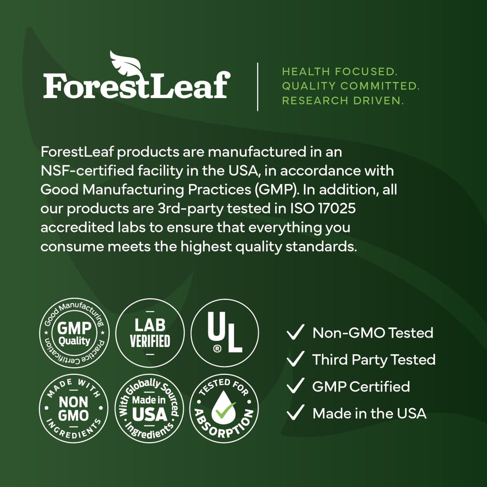 ForestLeaf bottle next to a scale showing capsule count and size