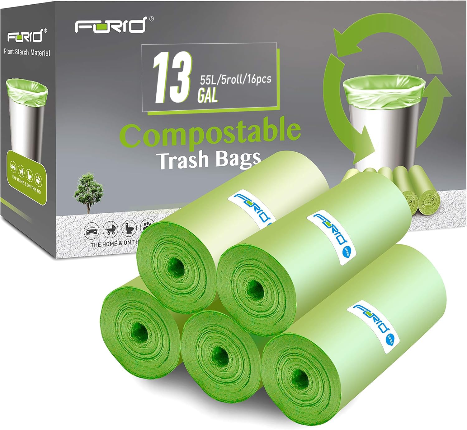 FORID paquete frontal mostrando 80 bolsas compostables y 5 rollos, almacenamiento compacto