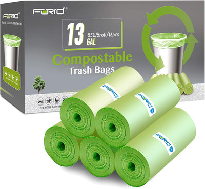 FORID paquete frontal mostrando 80 bolsas compostables y 5 rollos, almacenamiento compacto