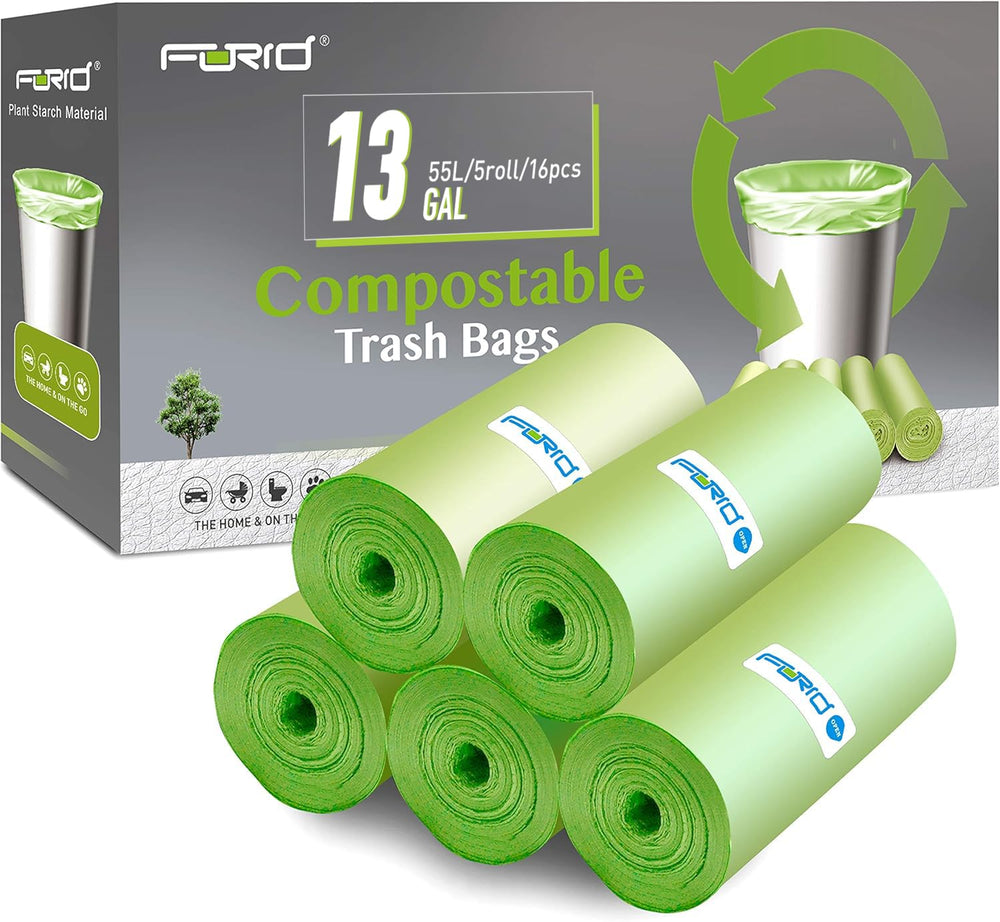 FORID paquete frontal mostrando 80 bolsas compostables y 5 rollos, almacenamiento compacto