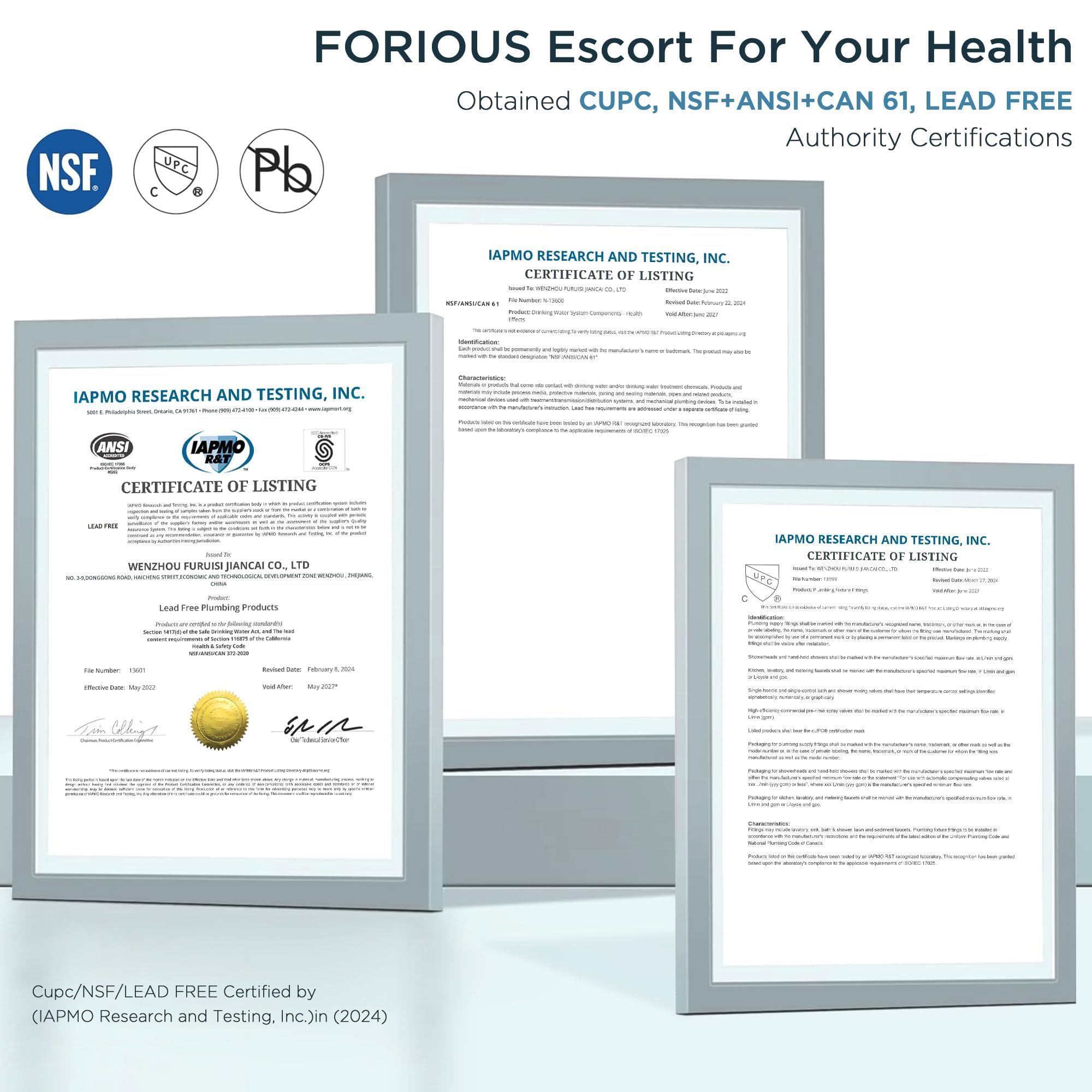 FORIOUS etiqueta con certificaciones cUPC y NSF mostrando materiales seguros