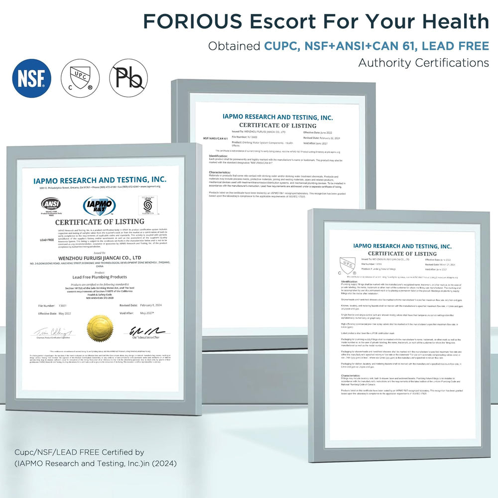FORIOUS etiqueta con certificaciones cUPC y NSF mostrando materiales seguros