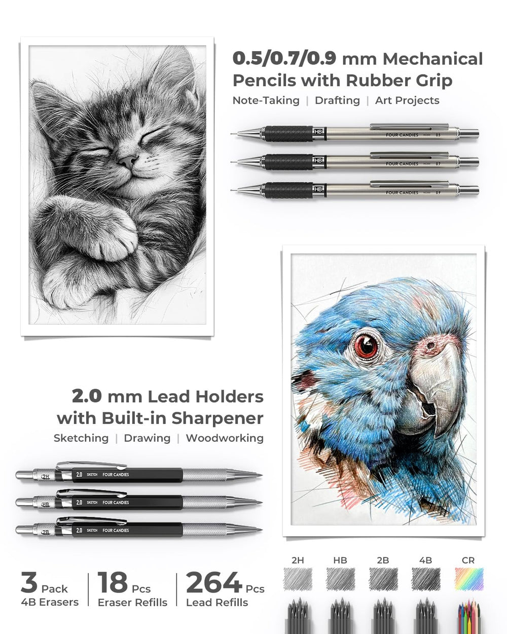 Four Candies accessories layout with erasers and sharpeners for long-lasting use