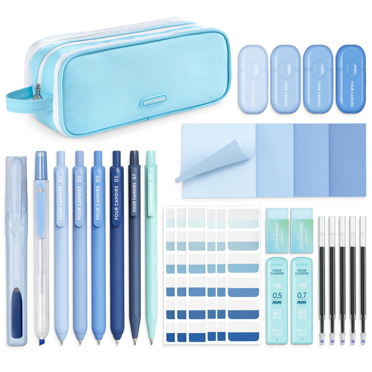 Four Candies estuche azul frontal mostrando organización y estilo