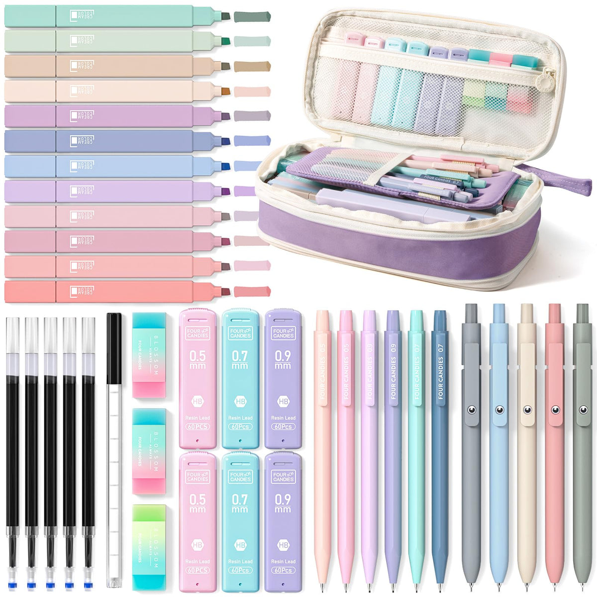 Four Candies estuche morado frontal mostrando cierre y capacidad organizada