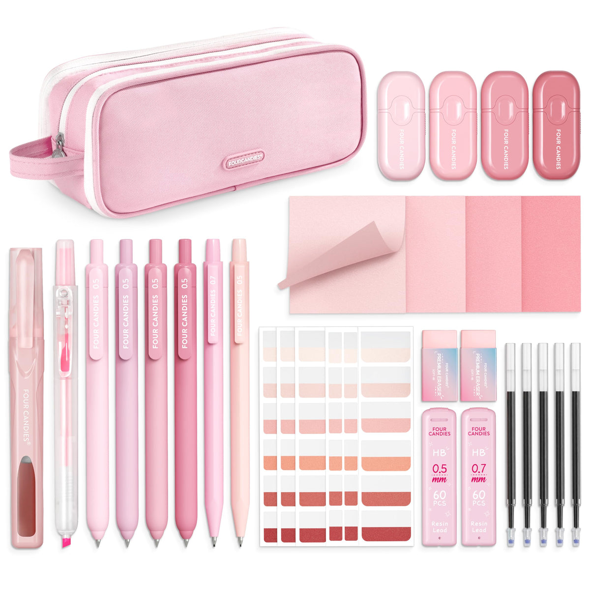 Four Candies estuche frontal rosa, organización práctica y estética