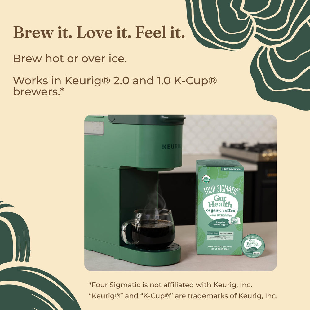 Four Sigmatic ambiente de desayuno con cápsulas, taza y desayuno equilibrado